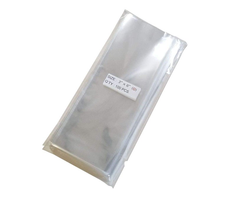 UNIQUEPACKING 100 Pcs 3x8 (O) Clear Flat Cello Cellophane Bags Good for Bakery Cake Cookie Candies